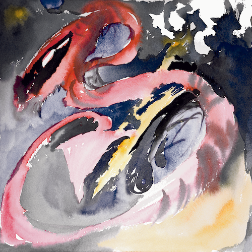  EP artwork for the EP Virages. Watercolor painting with red, blue, yellow and white colors. 
        In the center the watercolor suggests some kind of dragon-shape in red.